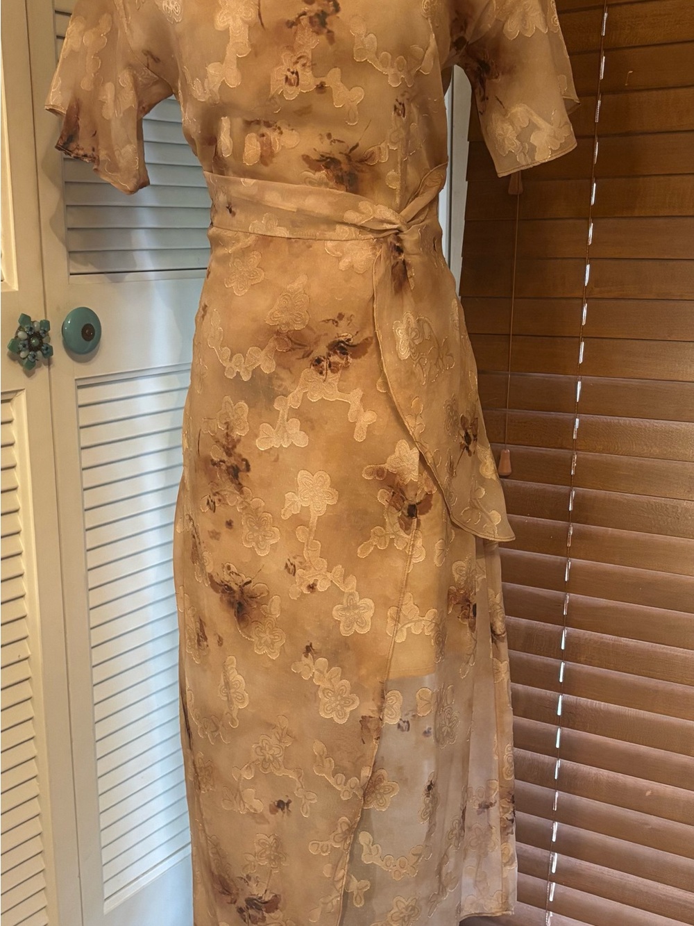 Elegant Beige Floral Wrap Midi Dress with Self-Tie Waist